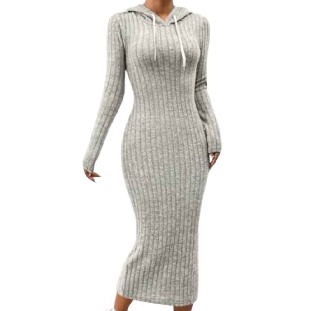 Shein Flirla Plush Hooded Long Sleeve Dress Womens Small Maxi Ribbed Bodycon